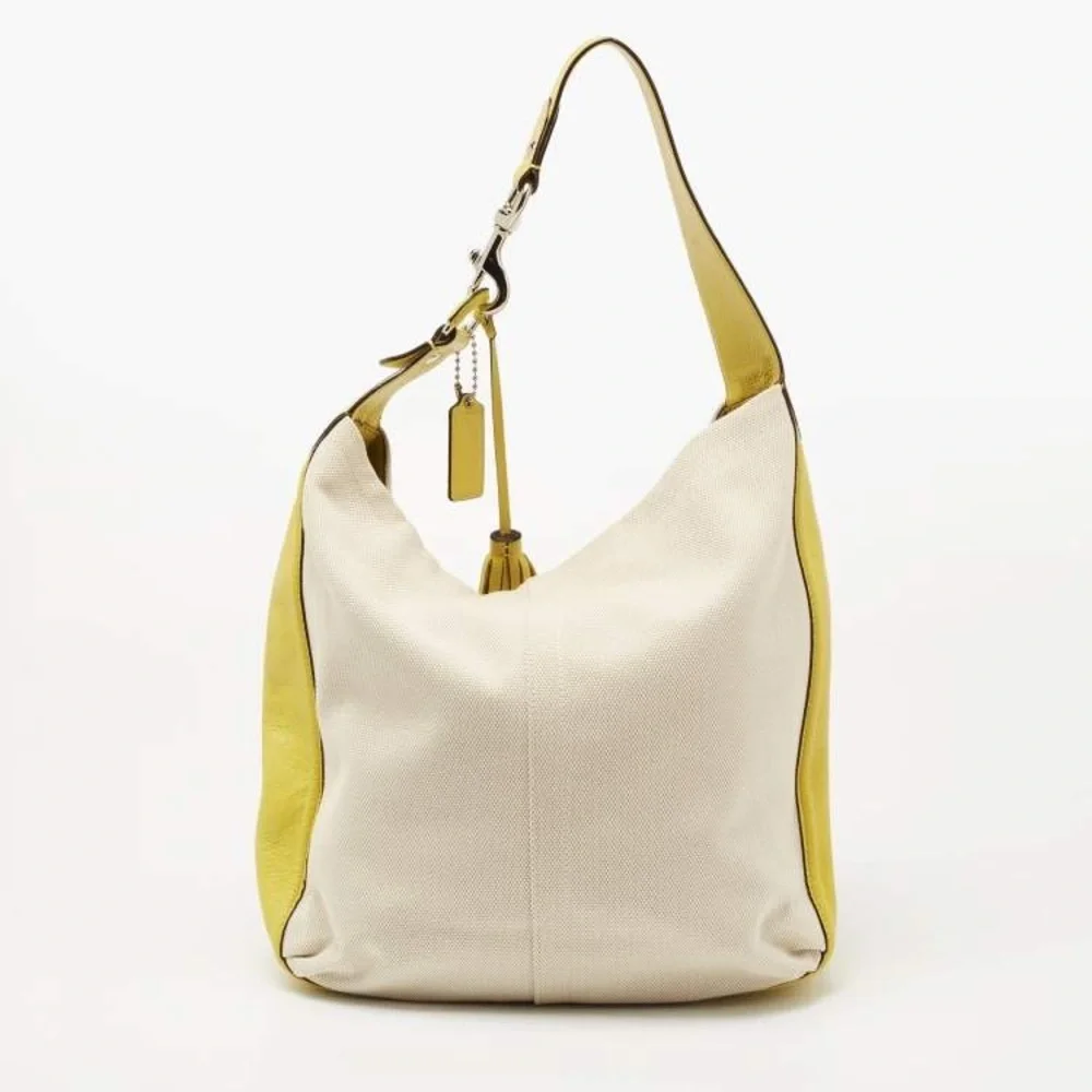 Coach Cream and Yellow Leather-Trim Hobo Shoulder Bag